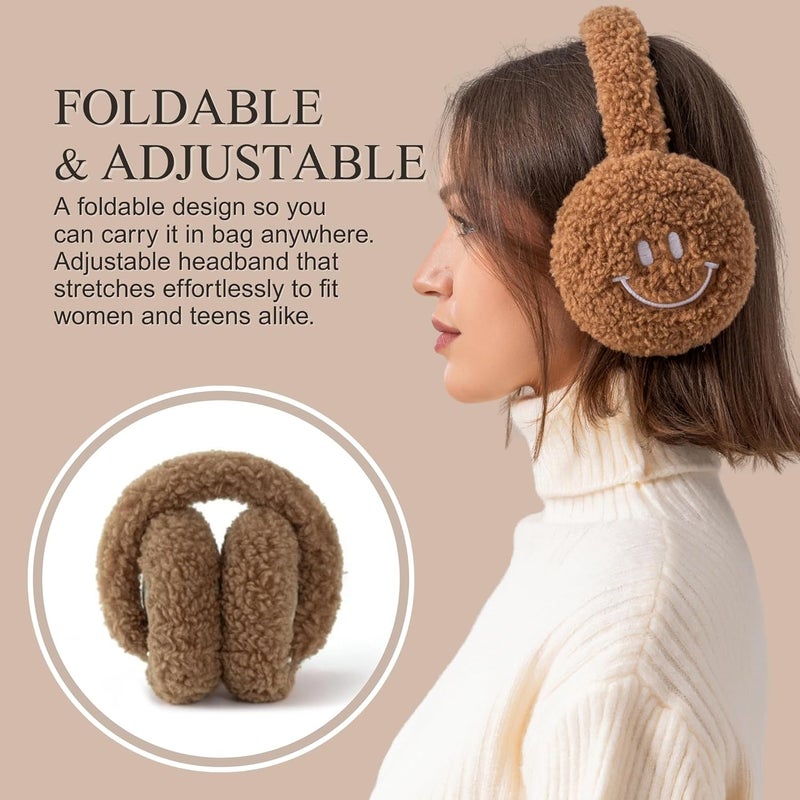 F Flammi Ear Muffs for Winter Women, Adjustable Head Band Fuzzy Faux Fur Earmuffs Foldable Ear Warmer Girl Soft Smiley Face - Image 4
